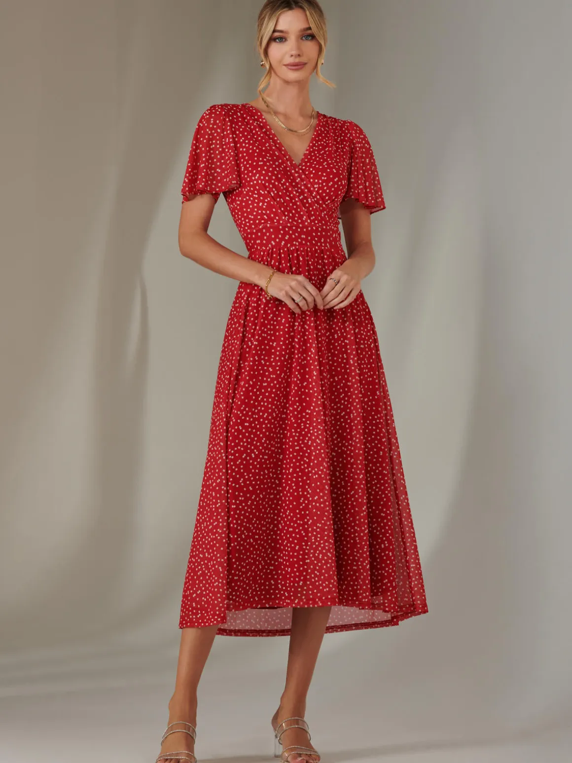 Angel Sleeve Wrap Bodice Mesh Maxi Dress, Red Geo