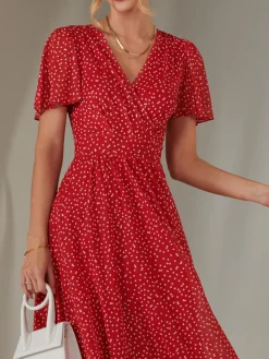 Angel Sleeve Wrap Bodice Mesh Maxi Dress, Red Geo