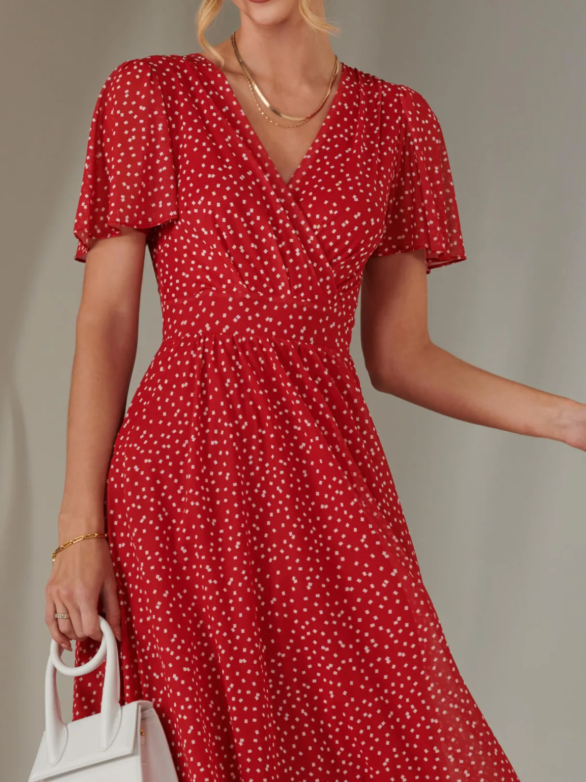 Angel Sleeve Wrap Bodice Mesh Maxi Dress, Red Geo