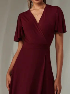 Angel Sleeve Wrapped Mesh Maxi Dress Burgundy