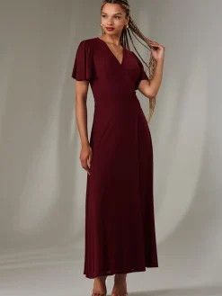 Angel Sleeve Wrapped Mesh Maxi Dress Burgundy