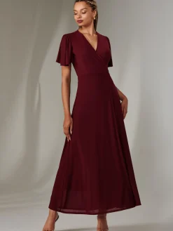 Angel Sleeve Wrapped Mesh Maxi Dress Burgundy