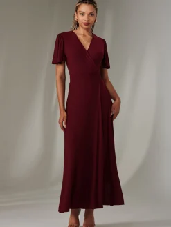 Angel Sleeve Wrapped Mesh Maxi Dress Burgundy