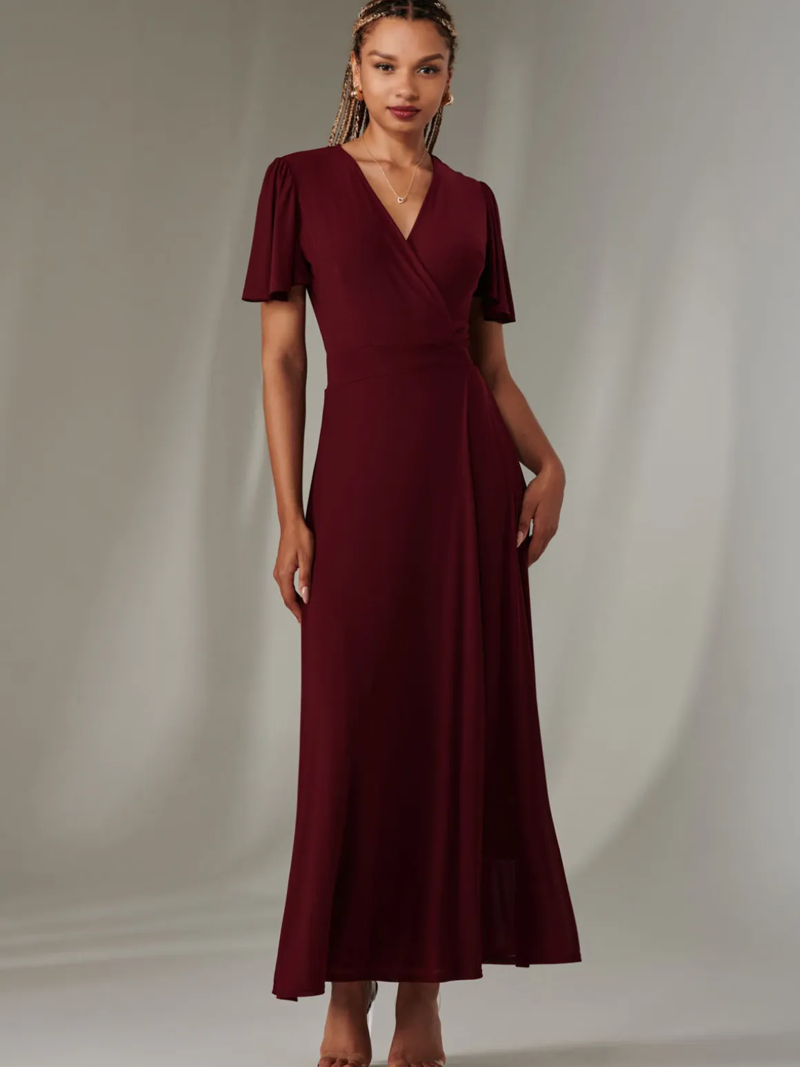 Angel Sleeve Wrapped Mesh Maxi Dress Burgundy