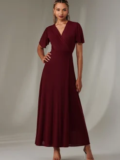 Angel Sleeve Wrapped Mesh Maxi Dress Burgundy