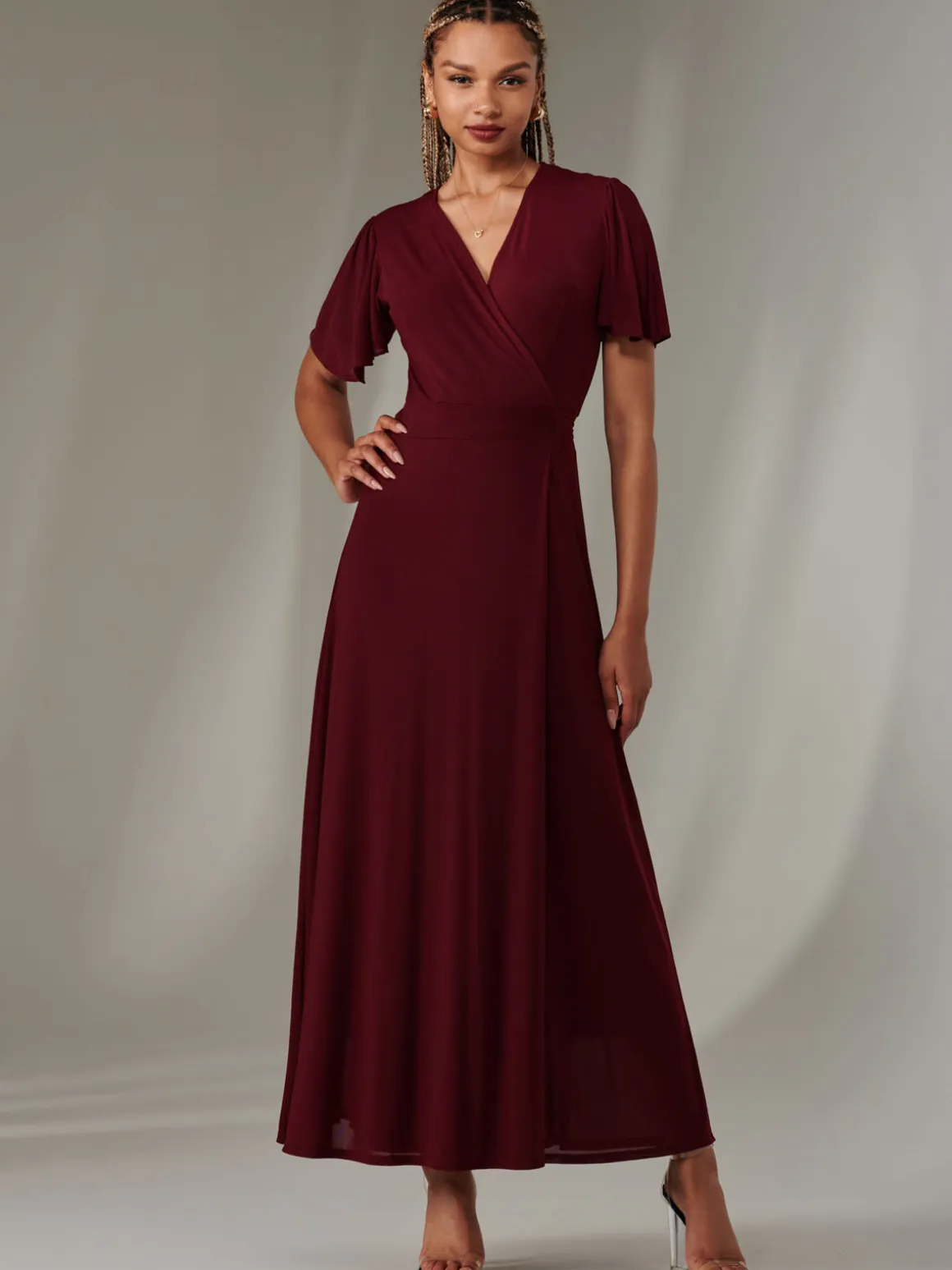 Angel Sleeve Wrapped Mesh Maxi Dress Burgundy