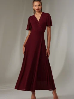 Angel Sleeve Wrapped Mesh Maxi Dress Burgundy