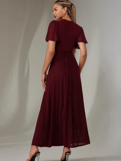 Angel Sleeve Wrapped Mesh Maxi Dress Burgundy