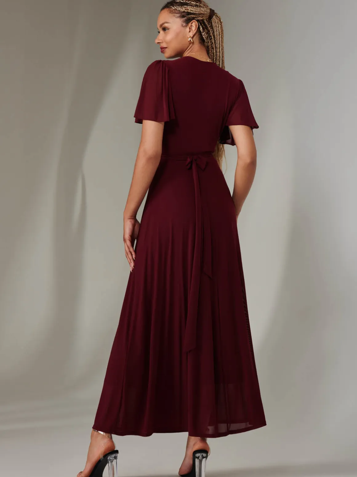 Angel Sleeve Wrapped Mesh Maxi Dress Burgundy