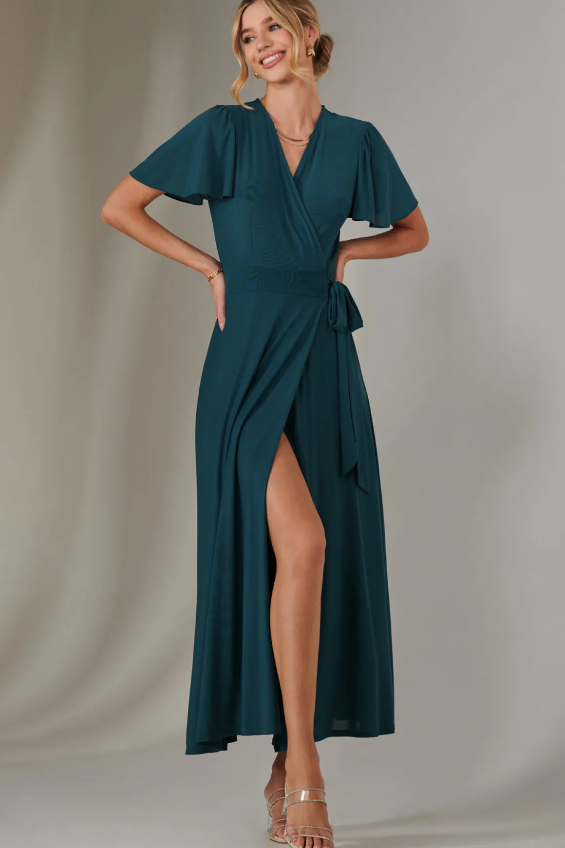 Angel Sleeve Wrapped Mesh Maxi Dress, Dark Teal