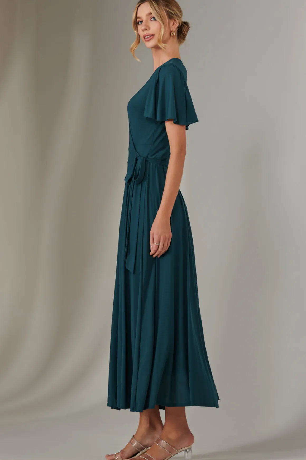 Angel Sleeve Wrapped Mesh Maxi Dress, Dark Teal