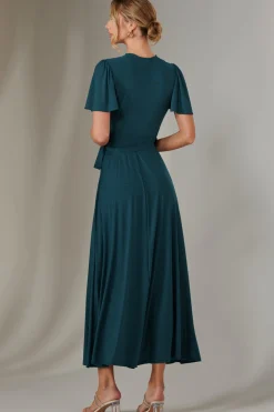 Angel Sleeve Wrapped Mesh Maxi Dress, Dark Teal