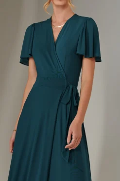Angel Sleeve Wrapped Mesh Maxi Dress, Dark Teal