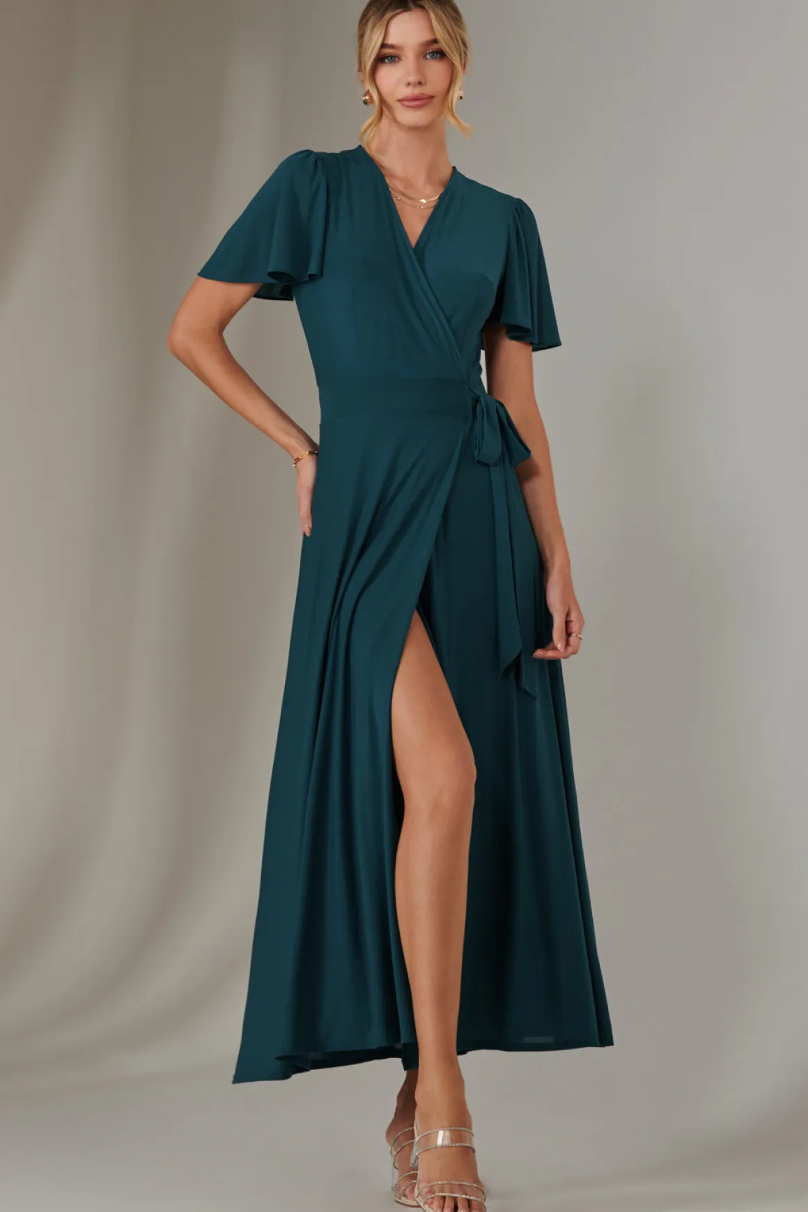 Angel Sleeve Wrapped Mesh Maxi Dress, Dark Teal