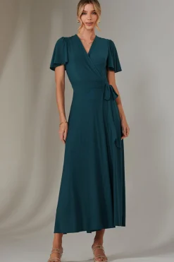 Angel Sleeve Wrapped Mesh Maxi Dress, Dark Teal