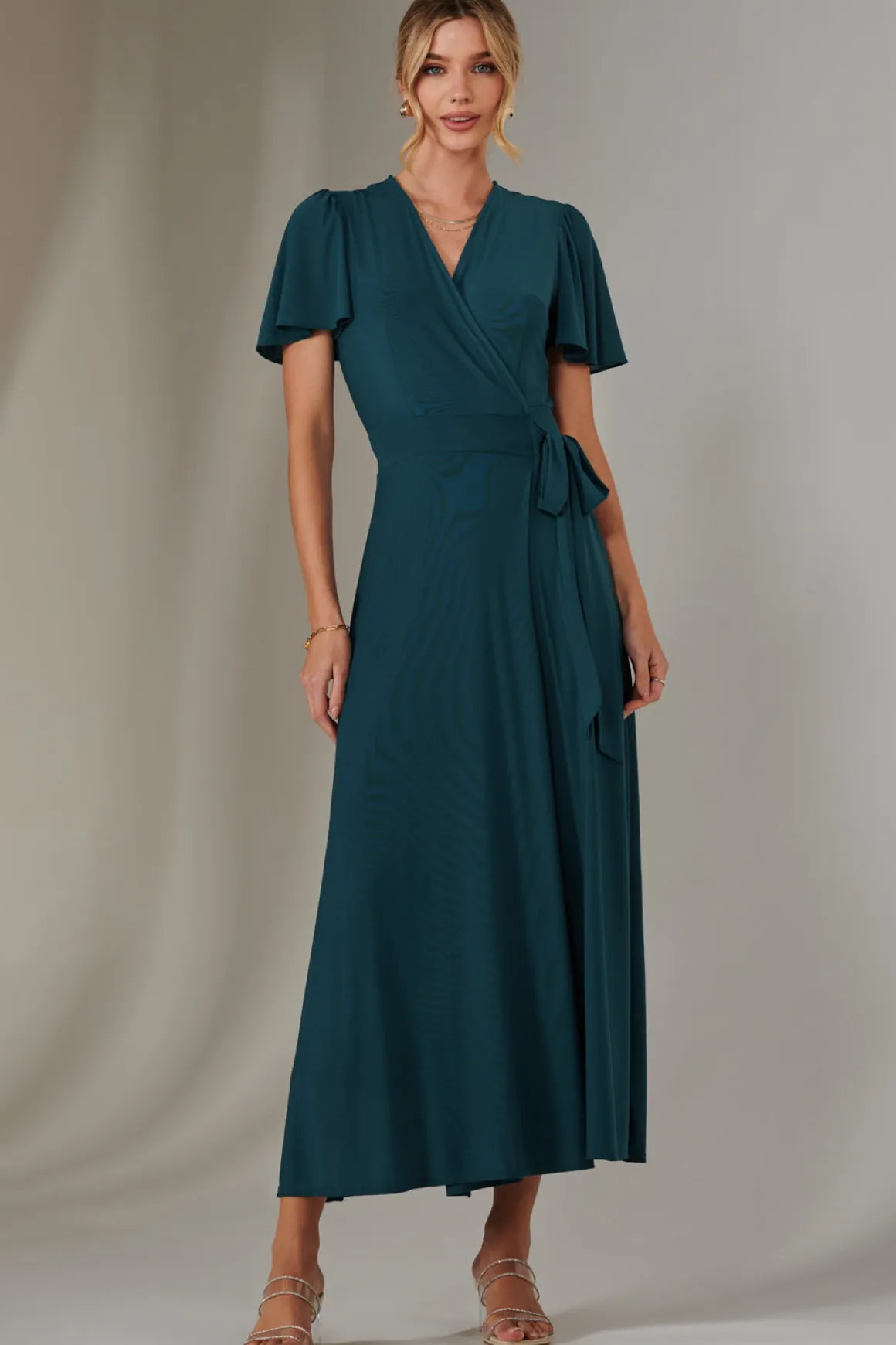 Angel Sleeve Wrapped Mesh Maxi Dress, Dark Teal