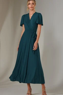 Angel Sleeve Wrapped Mesh Maxi Dress, Dark Teal