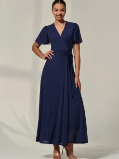 Angel Sleeve Wrapped Mesh Maxi Dress, Navy