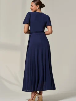 Angel Sleeve Wrapped Mesh Maxi Dress, Navy