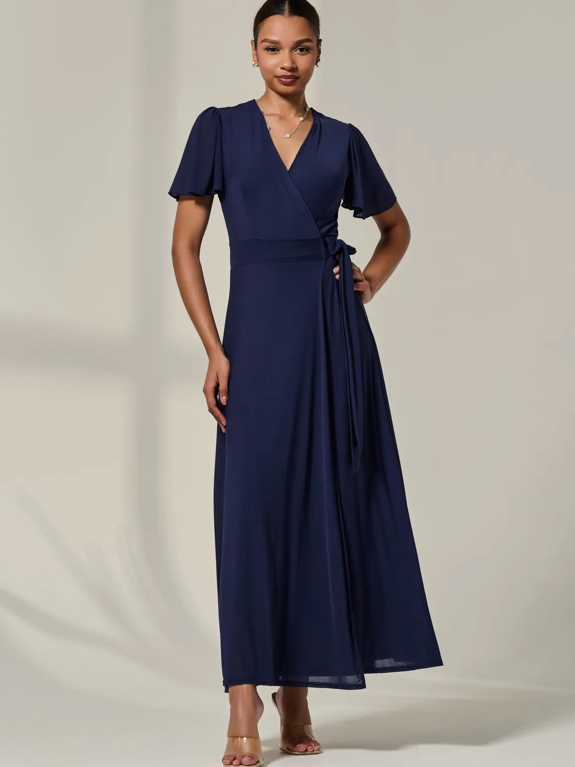 Angel Sleeve Wrapped Mesh Maxi Dress, Navy