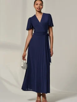 Angel Sleeve Wrapped Mesh Maxi Dress, Navy