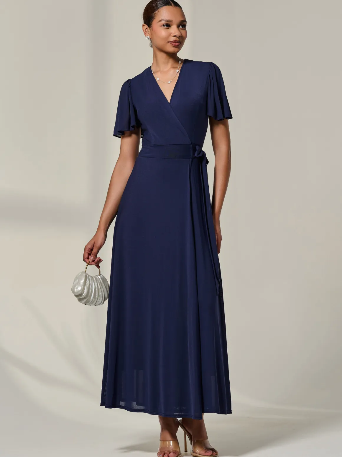 Angel Sleeve Wrapped Mesh Maxi Dress, Navy