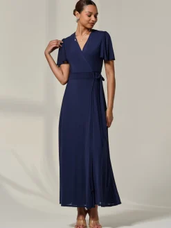 Angel Sleeve Wrapped Mesh Maxi Dress, Navy