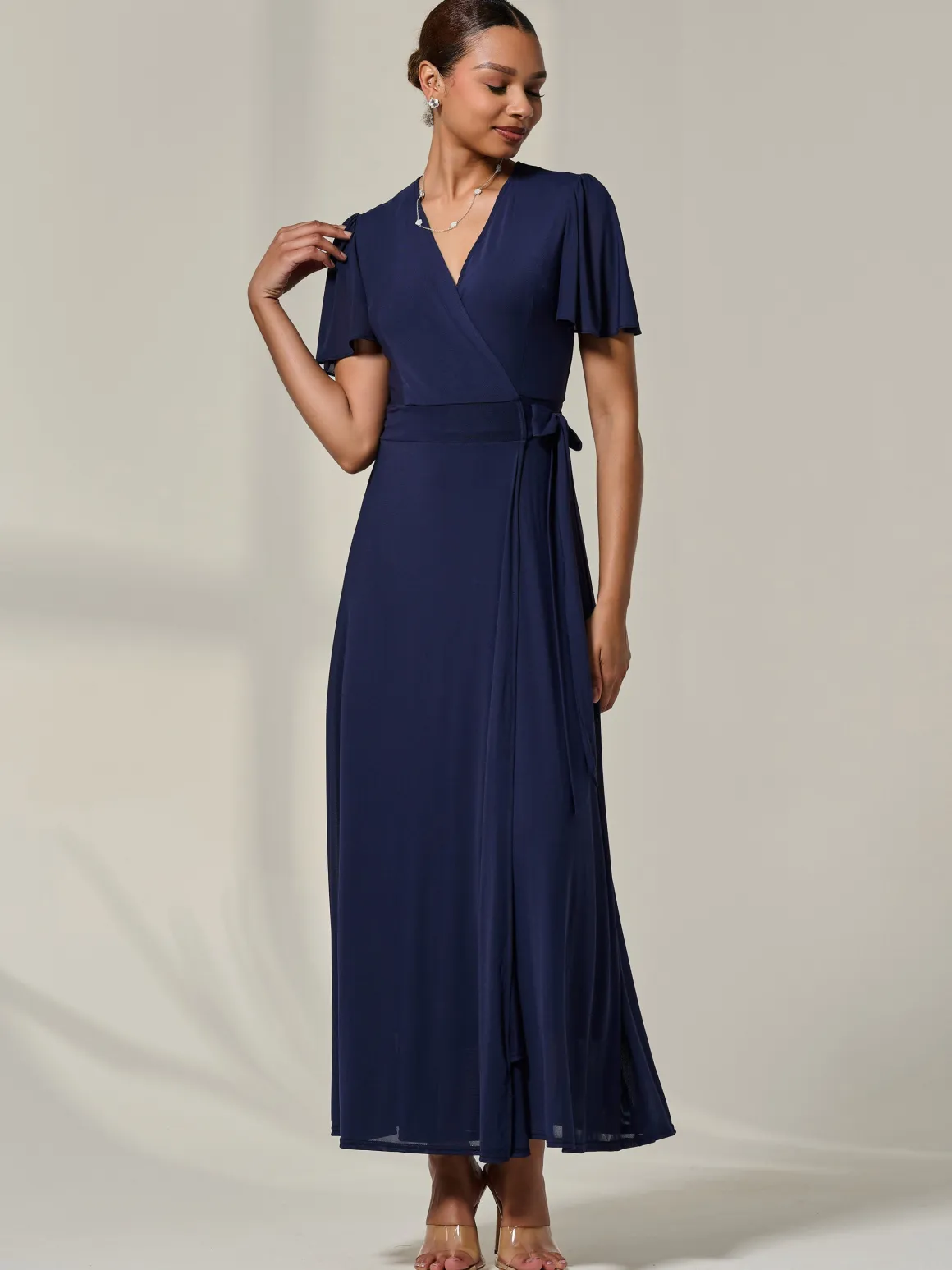 Angel Sleeve Wrapped Mesh Maxi Dress, Navy