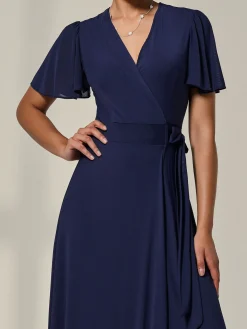 Angel Sleeve Wrapped Mesh Maxi Dress, Navy