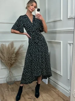 Angel Sleeve Wrap Tie Front Maxi Dress, Black Spot