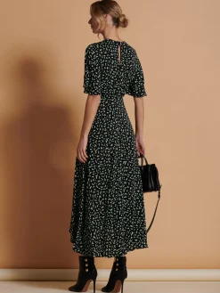 Angel Sleeve Wrap Tie Front Maxi Dress, Black Spot