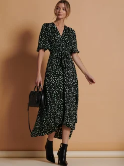 Angel Sleeve Wrap Tie Front Maxi Dress, Black Spot