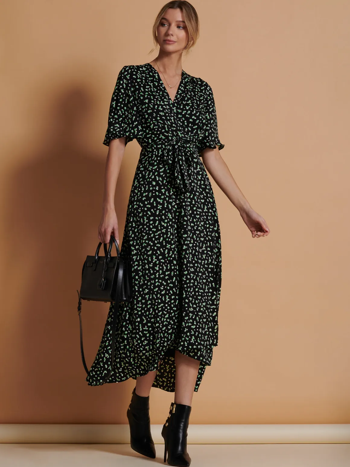 Angel Sleeve Wrap Tie Front Maxi Dress, Black Spot