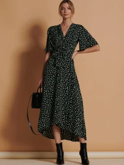 Angel Sleeve Wrap Tie Front Maxi Dress, Black Spot