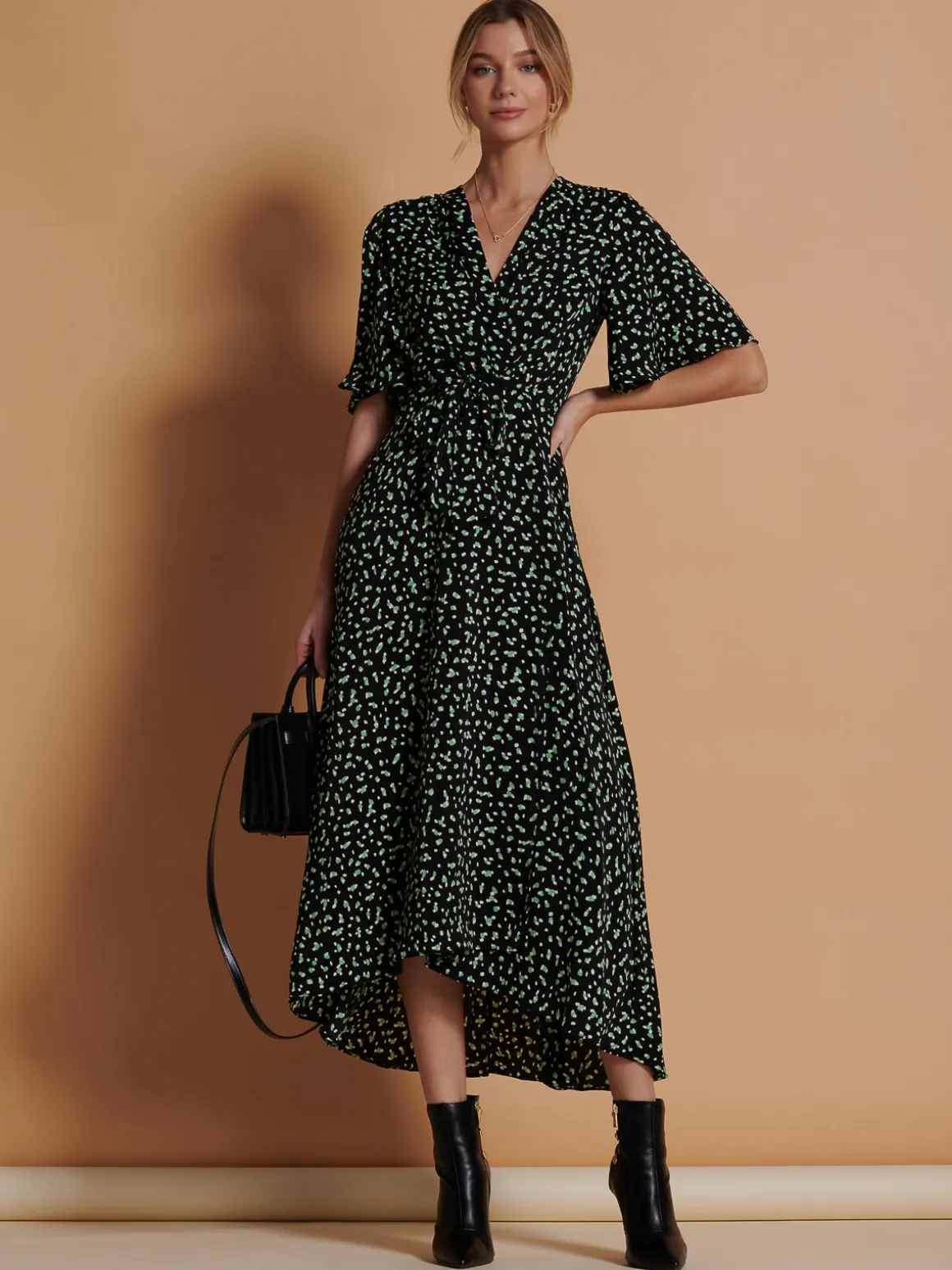 Angel Sleeve Wrap Tie Front Maxi Dress, Black Spot