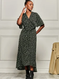 Angel Sleeve Wrap Tie Front Maxi Dress, Black Spot