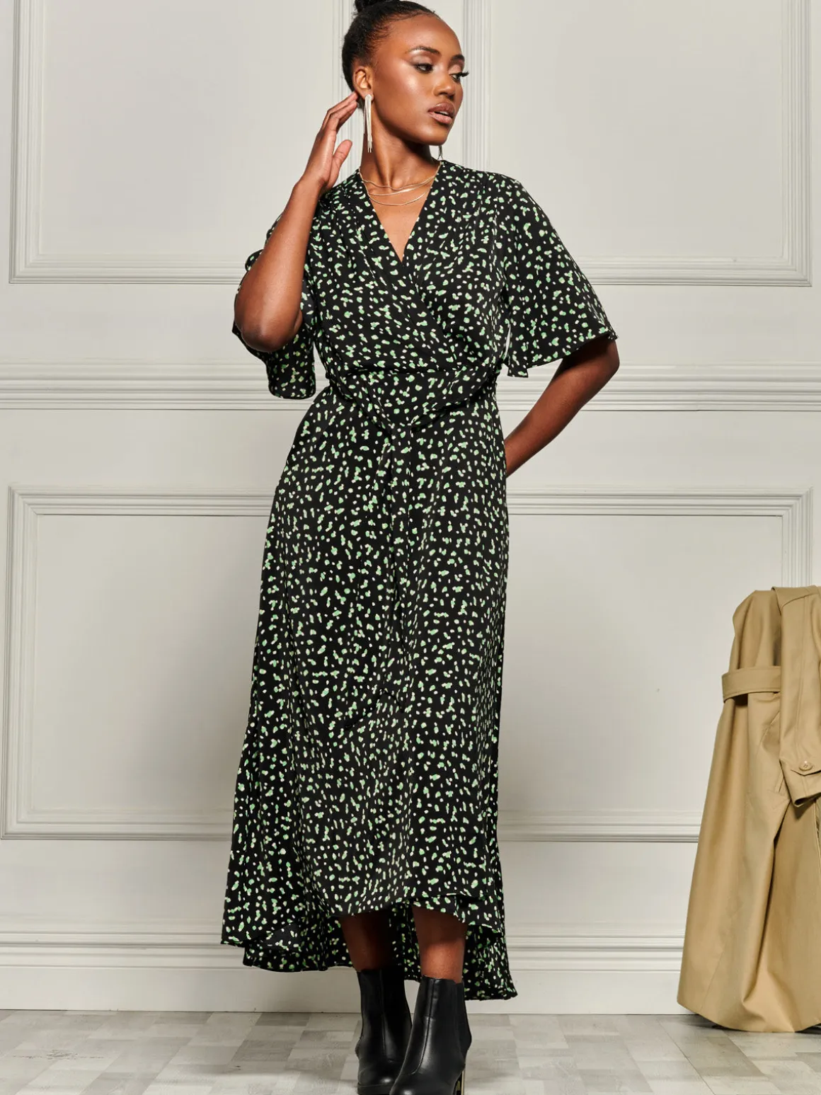 Angel Sleeve Wrap Tie Front Maxi Dress, Black Spot