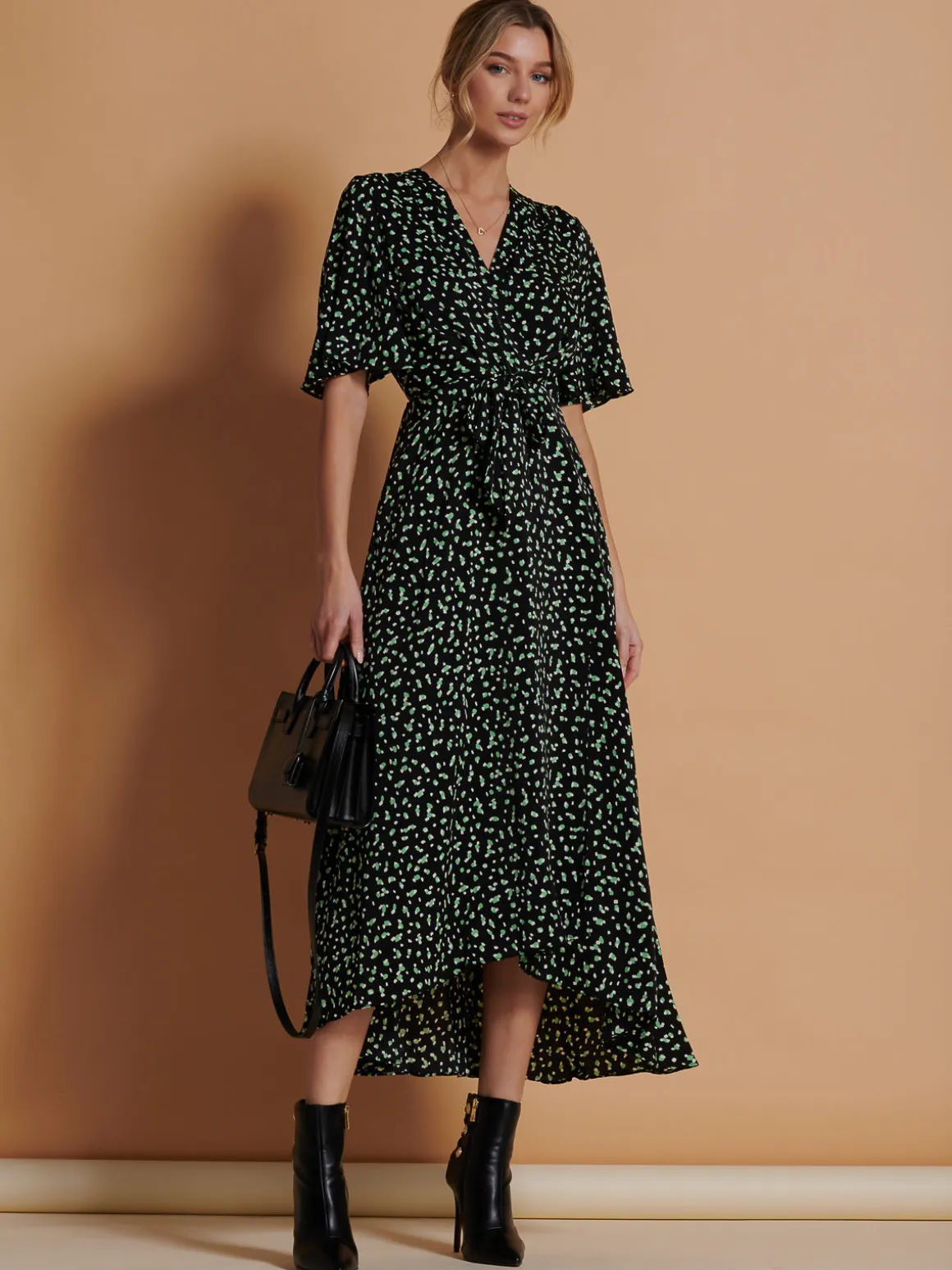 Angel Sleeve Wrap Tie Front Maxi Dress, Black Spot