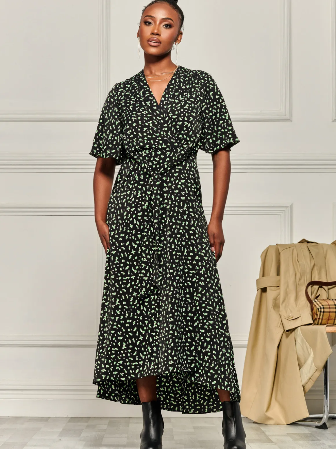 Angel Sleeve Wrap Tie Front Maxi Dress, Black Spot