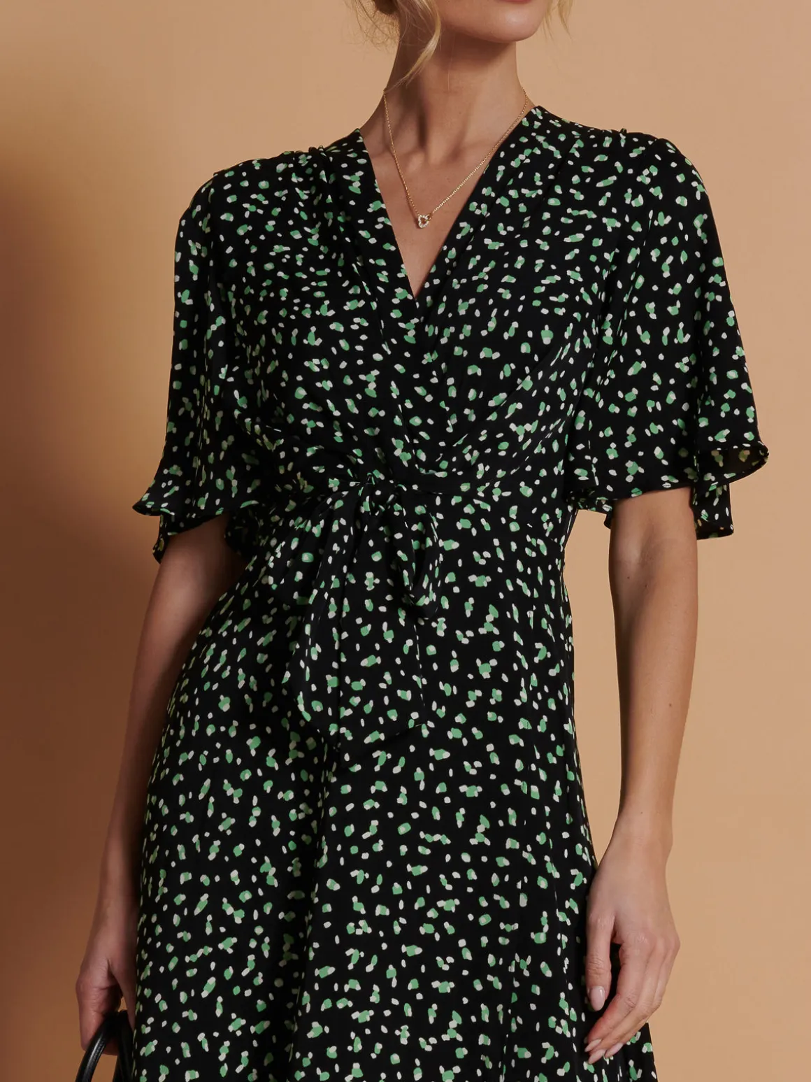 Angel Sleeve Wrap Tie Front Maxi Dress, Black Spot