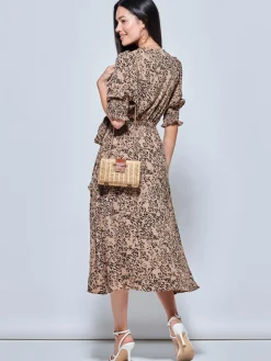 Animal Print Crepe Wrap Midi Dress, Stone