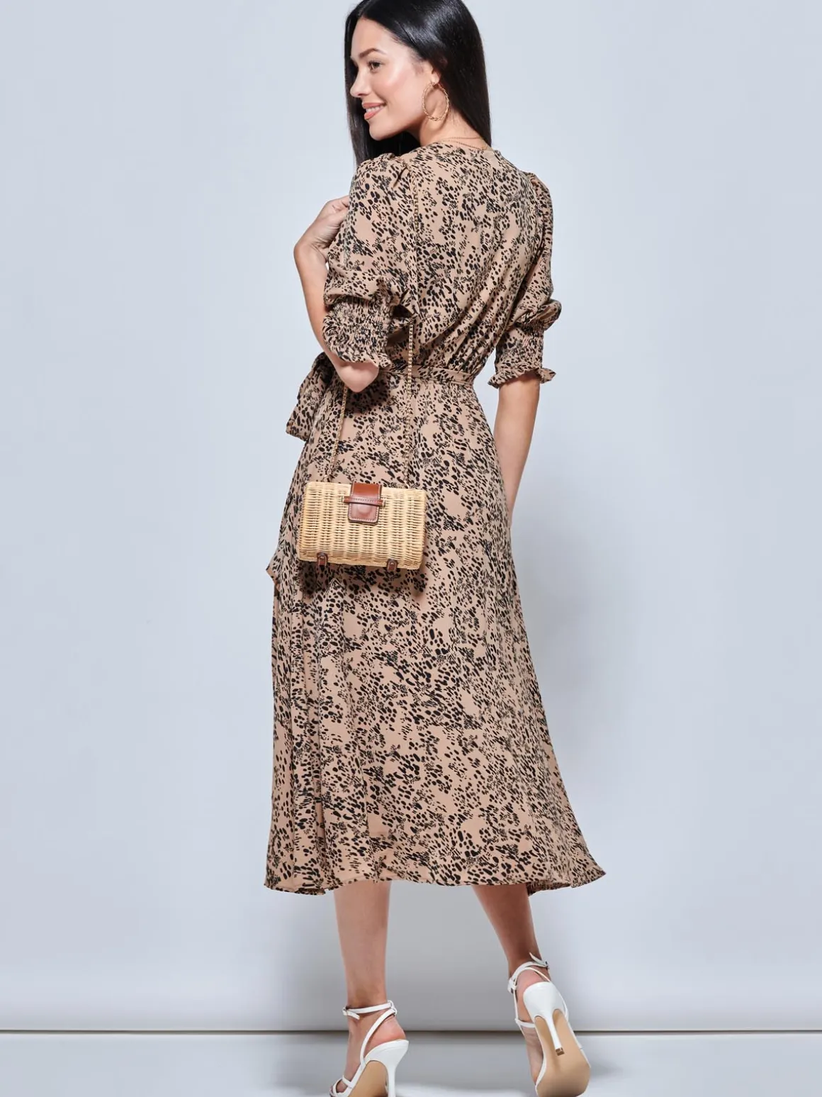 Animal Print Crepe Wrap Midi Dress, Stone