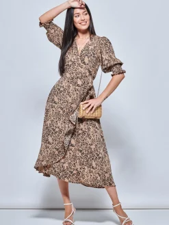 Animal Print Crepe Wrap Midi Dress, Stone