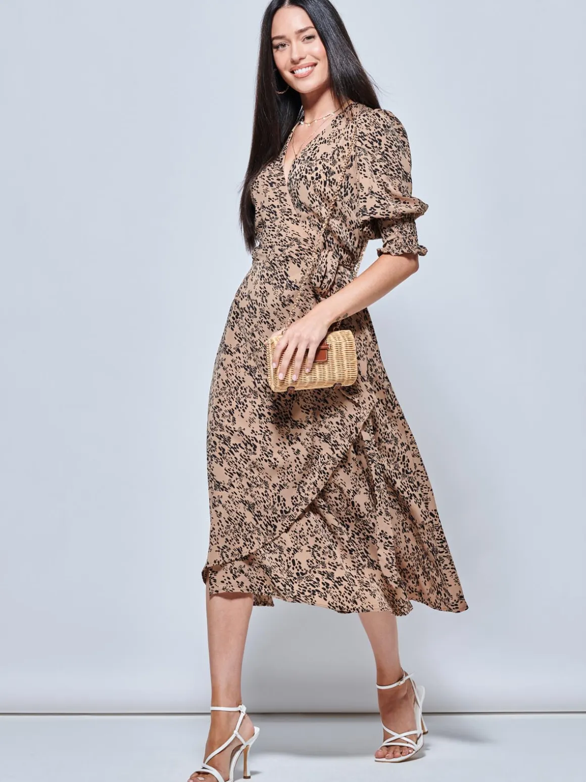 Animal Print Crepe Wrap Midi Dress, Stone