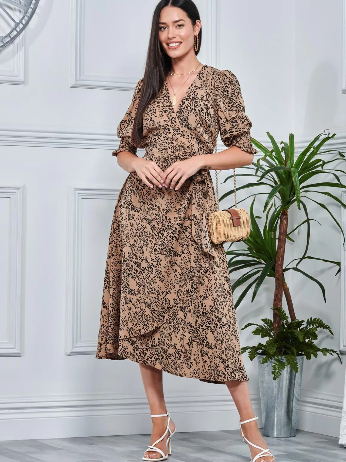 Animal Print Crepe Wrap Midi Dress, Stone