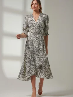 Animal Print Crepe Wrap Midi Dress, White