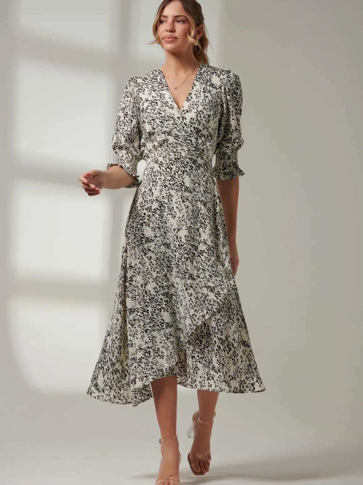 Animal Print Crepe Wrap Midi Dress, White