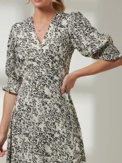 Animal Print Crepe Wrap Midi Dress, White