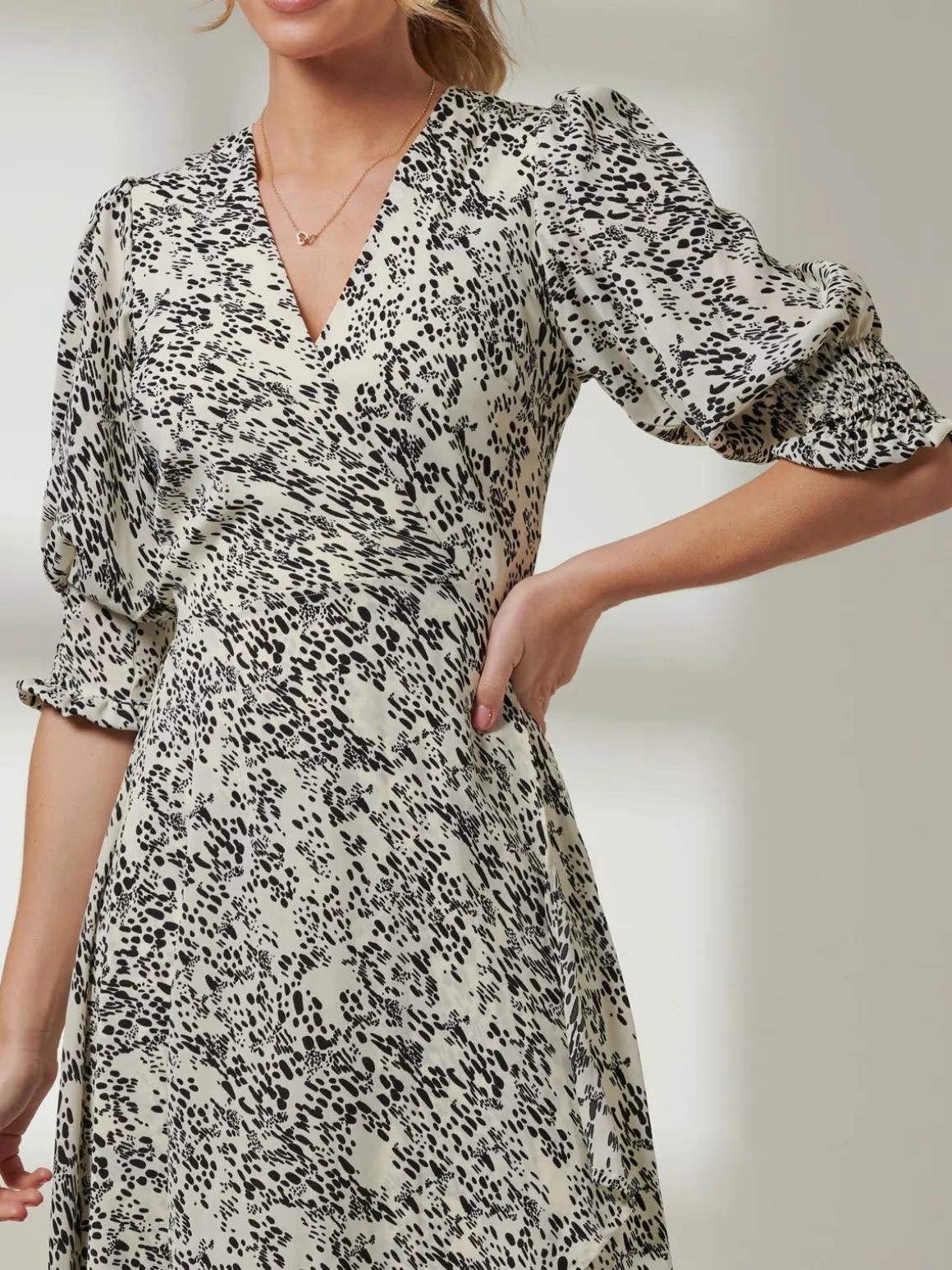 Animal Print Crepe Wrap Midi Dress, White