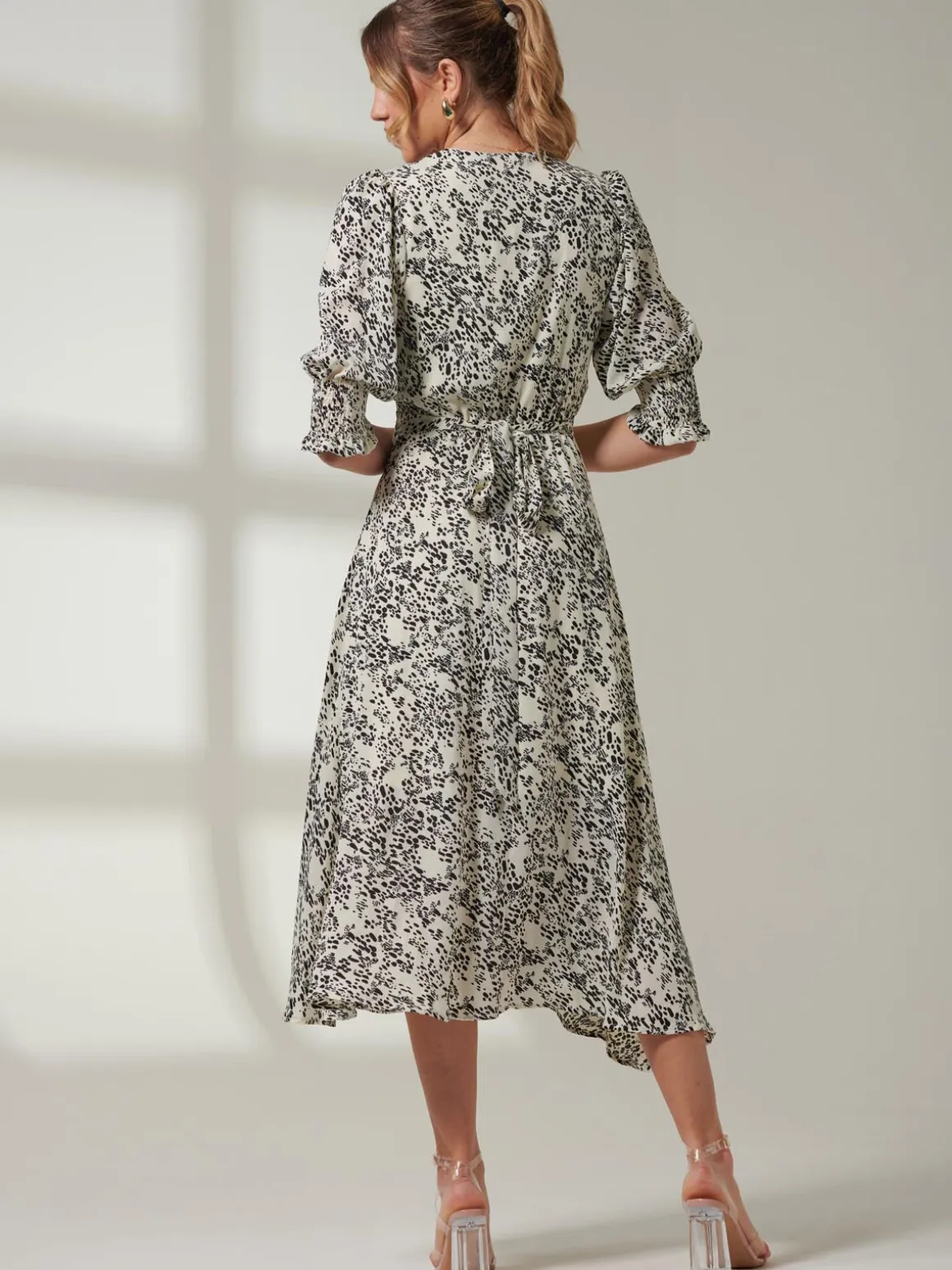 Animal Print Crepe Wrap Midi Dress, White